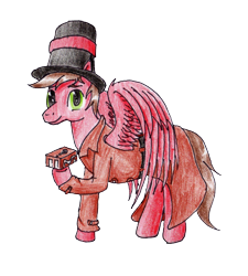 Size: 2467x2737 | Tagged: safe, artist:40kponyguy, artist:ciaran, derpibooru exclusive, oc, oc:professor venturer, pegasus, pony, 2022 community collab, derpibooru community collaboration, clothes, fluffy, green eyes, hat, high res, hoof hold, looking at you, male, puzzle box, puzzle maker, simple background, solo, spread wings, stallion, top hat, traditional art, transparent background, trenchcoat, wings