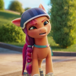 Size: 745x745 | Tagged: safe, screencap, sunny starscout, earth pony, pony, g5, my little pony: a new generation, confused, cropped, female, helmet, mare, solo