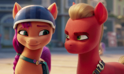 Size: 1340x804 | Tagged: safe, screencap, sprout cloverleaf, sunny starscout, earth pony, pony, g5, my little pony: a new generation, cropped, duo, female, frown, helmet, male, mare, smug, stallion, sunny smugscout