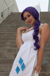 Size: 3162x4743 | Tagged: safe, artist:autumns-snow, artist:mooshuu, rarity, human, g4, anime expo, anime expo 2012, clothes, cosplay, costume, cutie mark on clothes, irl, irl human, photo, stairs