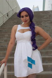 Size: 3162x4743 | Tagged: safe, artist:autumns-snow, artist:mooshuu, rarity, human, g4, anime expo, anime expo 2012, clothes, cosplay, costume, cutie mark on clothes, hand on hip, irl, irl human, photo, stairs