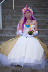 Size: 3162x4743 | Tagged: safe, artist:unkcos19, princess cadance, human, g4, anime expo, anime expo 2012, clothes, cosplay, costume, dress, flower, gloves, irl, irl human, long gloves, photo, sitting, stairs, wedding dress