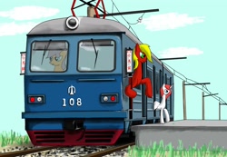 Size: 1730x1200 | Tagged: safe, artist:tbc_sy, oc, oc only, pony, china, fushen, platform, railroad, train, trio