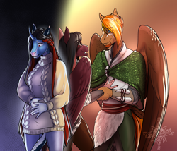 Size: 2370x2026 | Tagged: safe, artist:blackblood-queen, oc, oc only, oc:annie belle, oc:daniel dasher, oc:singe, dracony, dragon, hybrid, pegasus, unicorn, anthro, unguligrade anthro, anthro oc, brother and sister, clothes, couple, digital art, fangs, female, gay, high res, horn, leonine tail, male, mare, oc x oc, pegasus oc, pregnant, shipping, siblings, smiling, stallion, story in the source, tail, unicorn oc