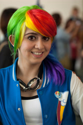 Size: 3162x4743 | Tagged: safe, rainbow dash, human, g4, anime expo, anime expo 2012, clothes, cosplay, costume, irl, irl human, multicolored hair, photo, rainbow hair