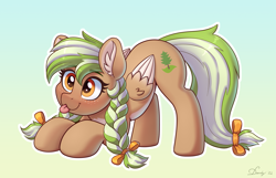 Size: 3859x2480 | Tagged: safe, artist:dandy, oc, oc only, oc:sylvia evergreen, pegasus, pony, :3, ;p, braided pigtails, cute, ear fluff, female, freckles, gradient background, hair tie, high res, mare, one eye closed, solo, tongue out, wings, ych example, your character here