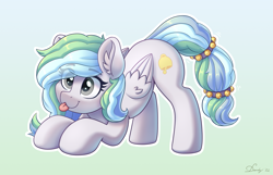 Size: 3859x2480 | Tagged: safe, alternate character, alternate version, artist:dandy, oc, oc only, oc:river chime, pegasus, pony, :3, ;p, bells, commission, cute, ear fluff, eye clipping through hair, female, gradient background, high res, solo, tongue out, wings, ych result