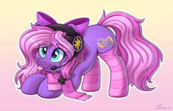 Size: 3859x2480 | Tagged: safe, alternate character, alternate version, artist:dandy, oc, oc only, oc:lillybit, earth pony, pony, :3, ;p, bow, clothes, commission, cute, ear fluff, eye clipping through hair, female, gradient background, headset, high res, one eye closed, scarf, socks, solo, striped socks, tongue out, ych result