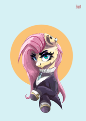 Size: 2480x3508 | Tagged: safe, artist:i love hurt, fluttershy, pegasus, pony, g4, angry, bust, clothes, dress, fluttergoth, high res, looking at you, nimbus, simple background, solo