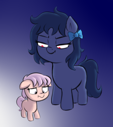 Size: 1376x1544 | Tagged: safe, artist:heretichesh, oc, oc:whinny, earth pony, pony, blue coat, blue mane, blue tail, bow, colored, cute, duo, female, filfil, filly, foal, hair bow, looking down, mare, menacing, ocbetes, pink mane, pink tail, red eyes, simple background, tail