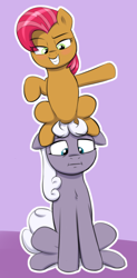 Size: 1134x2310 | Tagged: safe, artist:heretichesh, babs seed, oc, oc:alabaster, earth pony, pony, g4, blushing, canon x oc, colored, duo, female, filly, foal, looking down, male, outline, pony hat, simple background, sitting, sitting on head, sitting on person, sitting on pony, smiling, stallion, white outline