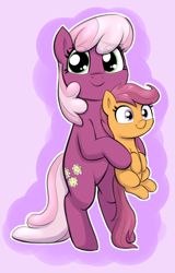 Size: 1484x2312 | Tagged: safe, artist:heretichesh, cheerilee, scootaloo, earth pony, pegasus, pony, g4, bipedal, cheeribetes, colored, cute, cutealoo, duo, female, filly, foal, holding a pony, looking at you, mare, mother's day, outline, simple background, white outline