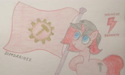 Size: 3538x2124 | Tagged: safe, artist:dimdariusz, oc, oc only, oc:technowrench, pony, unicorn, colored pupils, communism, cute, cyrillic, element of loyalty, eyelashes, female, flag, flag pole, flag waving, high res, horn, mare, pencil drawing, photo, revolution, russian, signature, simple background, smiling, solo, traditional art, unicorn oc