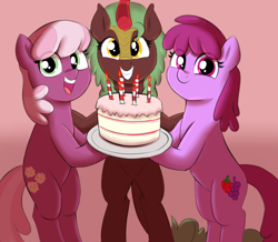 Size: 3132x2725 | Tagged: safe, artist:heretichesh, berry punch, berryshine, cheerilee, cinder glow, summer flare, earth pony, kirin, pony, g4, bipedal, birthday cake, cake, cheeribetes, colored, cute, female, food, grin, high res, looking at you, mare, open mouth, open smile, simple background, smiling, smiling at you, standing on two hooves, trio, trio female