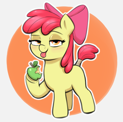 Size: 1744x1733 | Tagged: safe, artist:heretichesh, apple bloom, earth pony, pony, g4, apple bloom's bow, bedroom eyes, bow, eyeshadow, female, filly, foal, green apple, hair bow, looking at you, makeup, outline, simple background, solo, tail, tail wrap, tongue out, white outline