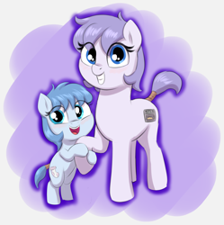 Size: 2768x2784 | Tagged: safe, artist:heretichesh, oc, oc:broodie bun, oc:knee high, pony, bipedal, colored, duo, female, filly, foal, high res, hoof hold, looking at you, mare, mother and child, mother and daughter, simple background, smiling, tail, tied tail