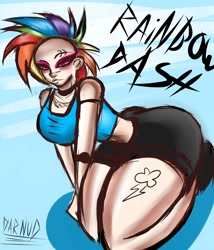 Size: 828x966 | Tagged: safe, artist:darknud, rainbow dash, human, g4, ass, breasts, butt, female, humanized, kneeling, makeup, mohawk, solo
