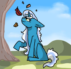 Size: 536x521 | Tagged: safe, artist:how-are-you-321, oc, oc:fleurbelle, alicorn, pony, cloud, female, leaf, mare, raised hoof, sitting, sky, tree, yellow eyes