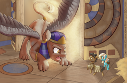 Size: 4000x2629 | Tagged: safe, artist:ahobobo, oc, oc only, oc:sandstone shine, oc:sapphire oasis, crystal pony, earth pony, pony, sphinx, action pose, egyptian, egyptian headdress, egyptian pony, female, male, sand