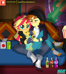Size: 540x600 | Tagged: safe, artist:uzzi-ponydubberx, sunset shimmer, oc, oc:eclipse shadow, equestria girls, g4, apartment, ass, blushing, bunset shimmer, butt, canon x oc, cider, clothes, controller, eclipset, female, gamer, gamer sunset, heterochromia, male, shipping, sock, socks, soda, sofa bed, straight, sunset's apartment, video game
