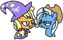 Size: 1640x1040 | Tagged: safe, artist:jadeharmony, applejack, trixie, earth pony, pony, unicorn, g4, applejack's hat, bedroom eyes, bust, cape, clothes, cowboy hat, duo, female, freckles, grin, hat, lesbian, looking at each other, looking at someone, mare, shipping, simple background, smiling, transparent background, tripplejack, trixie's cape, trixie's hat