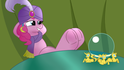 Size: 1280x720 | Tagged: safe, artist:thebrony700, pinkie pie, earth pony, pony, g4, commission, crystal ball, female, fetish, grin, hoof fetish, hooves, hooves behind head, hooves on the table, madame pinkie, mare, sitting, smiling, solo, table, underhoof