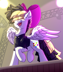 Size: 3500x4000 | Tagged: safe, artist:witchtaunter, songbird serenade, pegasus, pony, g4, my little pony: the movie, bow, clothes, commission, commissioner:reversalmushroom, ear fluff, female, hair bow, solo, spread wings, stage, wings