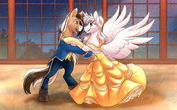 Size: 1500x928 | Tagged: safe, artist:cosmalumi, oc, alicorn, pony, alicorn oc, beauty and the beast, clothes, dancing, dress, horn, wings