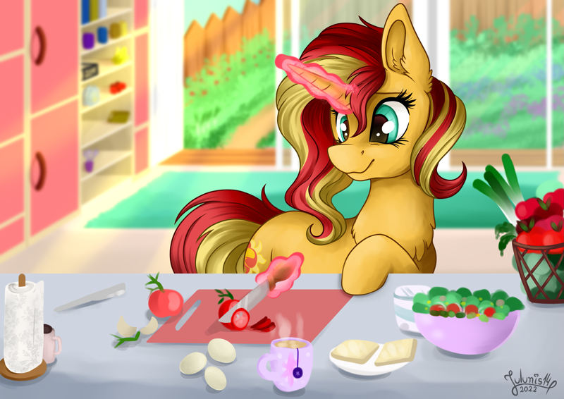Size: 4093x2894 | Tagged: safe, artist:julunis14, sunset shimmer, pony, unicorn, bread, cup, cute, featured image, female, food, glowing, glowing horn, herbivore, horn, knife, leek, magic, mare, shimmerbetes, smiling, solo, table, teacup, telekinesis, tomato