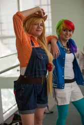 Size: 3162x4743 | Tagged: safe, artist:grim-tales, applejack, rainbow dash, human, g4, anime expo, anime expo 2012, clothes, cosplay, costume, cowboy hat, duo, hat, irl, irl human, multicolored hair, photo, rainbow hair