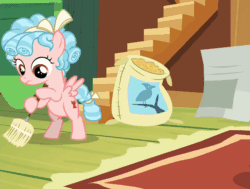 Size: 800x606 | Tagged: safe, screencap, apple bloom, cozy glow, pegasus, pony, g4, marks for effort, season 8, animated, bag, bipedal, bird seed, bow, broom, cleaning, clumsy, cozybetes, cropped, curly mane, cute, dresser, female, filly, fluttershy's cottage, fluttershy's cottage (interior), foal, freckles, gif, nervous, pure unfiltered evil, ribbon, rug, small wings, solo focus, stairs, two toned mane, wings