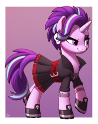 Size: 750x950 | Tagged: safe, artist:luminousdazzle, starlight glimmer, pony, unicorn, g4, alternate hairstyle, boots, edgelight glimmer, eyeshadow, female, gameloft interpretation, goth, makeup, mare, outfit, punk, shoes, simple background, skull, smiling, smirk, solo