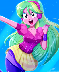 Size: 1784x2163 | Tagged: safe, artist:the-butch-x, lemon zest, dance magic, equestria girls, equestria girls specials, g4, breasts, busty lemon zest, cleavage, clothes, cute, dance magic outfit, dress, eyeshadow, female, headphones, looking at you, makeup, open mouth, open smile, signature, smiling, solo, uvula, wristband, zestabetes
