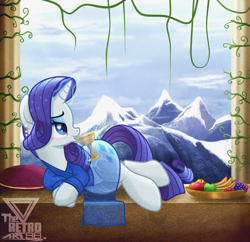 Size: 1280x1241 | Tagged: safe, artist:theretroart88, rarity, pony, unicorn, g4, my little pony: the movie, chalice, clothes, cloud, cute, female, flower, flower in hair, food, fruit, goblet, magic, mare, mountain, mountain range, pillar, raribetes, remake, rose, see-through, smiling, snow, solo, telekinesis, vine