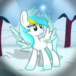 Size: 3000x3000 | Tagged: safe, artist:pizzamovies, oc, oc:icy creation, alicorn, pony, alicorn oc, colored wings, female, high res, horn, lidded eyes, magic, magic aura, mare, show accurate, snow, snowfall, solo, spread wings, tree, two toned mane, two toned wings, wings