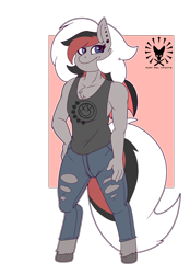 Size: 2432x3492 | Tagged: safe, artist:juan del coyote, oc, oc only, oc:verano, bat pony, anthro, blink-182, clothes, high res, jeans, pants, piercing, ripped jeans, ripped pants, simple background, solo, standing, torn clothes, transparent background