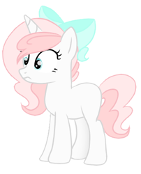 Size: 340x420 | Tagged: safe, artist:sugarcubecreationz, oc, oc only, oc:sweetheart, pony, unicorn, bow, female, frown, full body, hair bow, horn, mare, show accurate, simple background, solo, standing, tail, two toned mane, two toned tail, unicorn oc, white background
