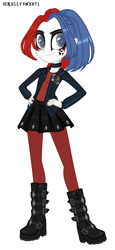 Size: 606x1317 | Tagged: safe, artist:kellysweet1, derpibooru exclusive, oc, oc only, oc:side-splitter, equestria girls, g4, bisexual pride flag, boots, choker, clothes, equestria girls-ified, eyeshadow, female, jacket, leather jacket, makeup, pride, pride flag, running makeup, shirt, shoes, simple background, skirt, socks, solo, stockings, t-shirt, tattoo, thigh highs, transparent background