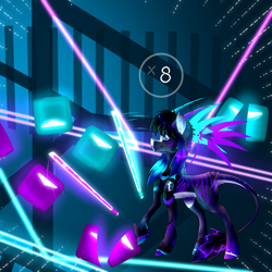 Size: 1920x1920 | Tagged: safe, artist:chazmazda, oc, oc only, pony, action, action lines, armor, beat saber, black hair, blue hair, combo, concave belly, cubes, detailed, detailed background, eye, eye shimmer, eyes, full body, game, gaming, hair, happy, hologram, horns, light, lighting, long hair, long tail, mark, markings, pale belly, pegasus oc, pose, present, purple hair, saber, shade, shading, shine, shiny, shiny eyes, short hair, slender, smiling, solo, tail, thin, virtual reality, weapon, wide eyes, wings