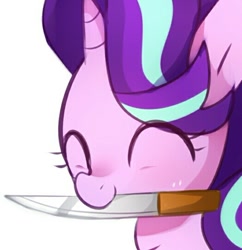 Size: 524x541 | Tagged: safe, artist:maren, starlight glimmer, pony, unicorn, bust, cropped, cute, eyes closed, female, glimmerbetes, knife, mare, mouth hold, peace was never an option, simple background, smiling, solo, subversive kawaii, weapons-grade cute, white background