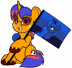 Size: 2048x1934 | Tagged: safe, artist:partypievt, princess luna, oc, oc:eden double-stars, pony, unicorn, g4, badge, commission, flag, football, freckles, glasses, hooves, looking at you, pin, solo, sports, unshorn fetlocks, ych result