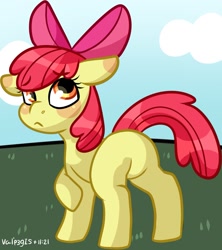 Size: 1301x1463 | Tagged: safe, artist:walpurgie, apple bloom, earth pony, pony, g4, bloom butt, blushing, butt, female, filly, foal, plot, solo