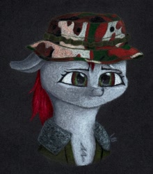 Size: 1824x2077 | Tagged: safe, artist:myzanil, oc, oc only, oc:myza nil red, pegasus, pony, bust, camouflage, chest fluff, clothes, colored pencil drawing, hat, jacket, portrait, solo, tired, traditional art