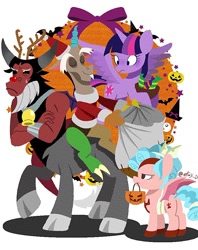 Size: 766x965 | Tagged: safe, artist:efuji_d, cozy glow, discord, lord tirek, twilight sparkle, alicorn, pegasus, pony, g4, animal costume, antlers, christmas, clothes, costume, crossed arms, female, filly, foal, frown, halloween, halloween costume, holiday, male, mare, mouth hold, pumpkin bucket, reindeer antlers, reindeer costume, sack, santa costume, simple background, twilight sparkle (alicorn), white background