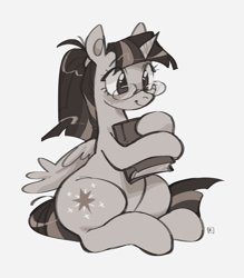 Size: 2456x2804 | Tagged: safe, artist:eunicidae, twilight sparkle, alicorn, pony, g4, alternate hairstyle, book, bookhorse, bottom heavy, cute, female, glasses, grayscale, high res, mare, monochrome, plump, ponytail, simple background, sitting, smiling, solo, twiabetes, twilight sparkle (alicorn), white background, wide hips