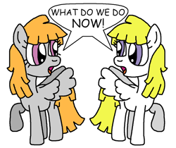 Size: 1253x1053 | Tagged: safe, artist:anniekisses35, surprise, pegasus, pony, g1, g4, my pretty pony, adoraprise, black text, cute, duo, female, g0 to g4, g1 to g4, generation leap, mare, ms paint, self paradox, self ponidox, simple background, speech bubble, talking, text, what have you done?!, white background