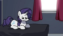 Size: 657x380 | Tagged: safe, artist:rainbrony, edit, rarity, pony, unicorn, g4, bed, bedroom, bedroom eyes, cropped, curtains, female, friday night funkin', funkin' is magic, horn, kush, lying down, mare, prone, smiling, solo, window, youtube link