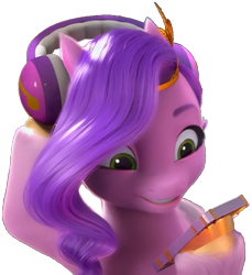Size: 693x755 | Tagged: safe, edit, edited screencap, screencap, pipp petals, pegasus, pony, g5, izzy does it, my little pony: make your mark, my little pony: make your mark chapter 2, spoiler:my little pony: make your mark chapter 2, spoiler:mymc02e01, 3d, background removed, cellphone, female, green eyes, headphones, mare, phone, png, purple mane, simple background, smartphone, smiling, solo, transparent background