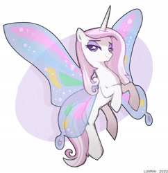 Size: 2160x2228 | Tagged: safe, artist:lummh, fleur-de-lis, pony, unicorn, butterfly wings, female, flying, lidded eyes, looking at you, mare, simple background, smiling, smiling at you, solo, white background, wings