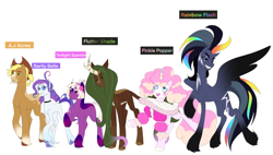 Size: 4319x2449 | Tagged: safe, artist:aztrial, applejack, fluttershy, pinkie pie, rainbow dash, rarity, twilight sparkle, earth pony, kirin, pegasus, pony, unicorn, g4, ahoge, alternate design, alternate universe, applejack's hat, black sclera, choker, cloven hooves, colored hooves, cowboy hat, earth pony rarity, earth pony twilight, glasses, hair bun, hat, kirin fluttershy, lightning pattern, mane six, ponytail, race swap, raised hoof, ruff (clothing), simple background, species swap, spread wings, unicorn pinkie pie, unshorn fetlocks, white background, wings